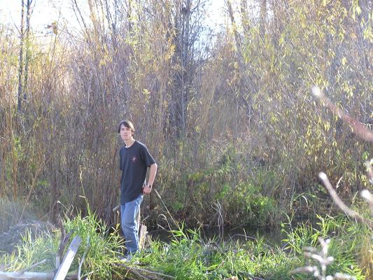 David hiking through the woods by a stream.