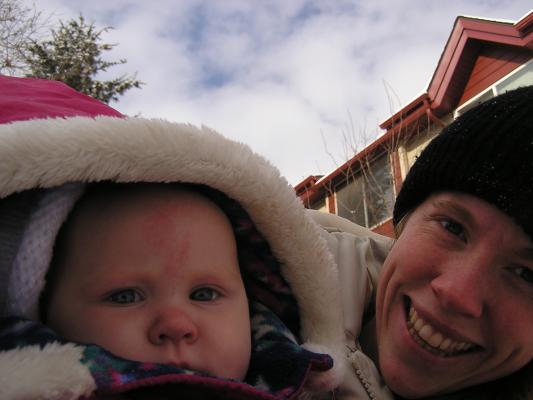 Katie and Sarah took a picture of themselves in the snow.