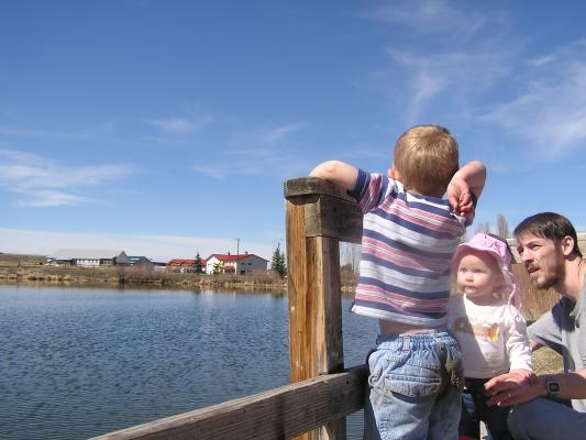 Noah throws rocks off the dock.