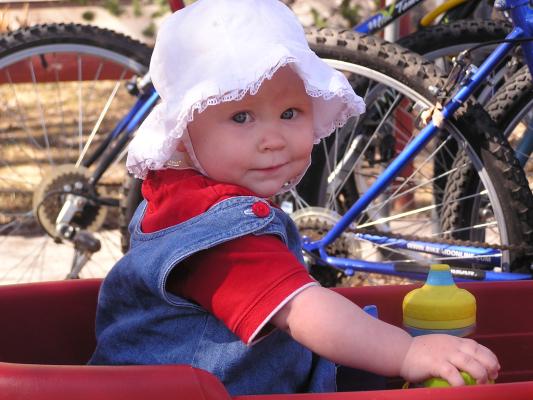 Sarah in the wagon.