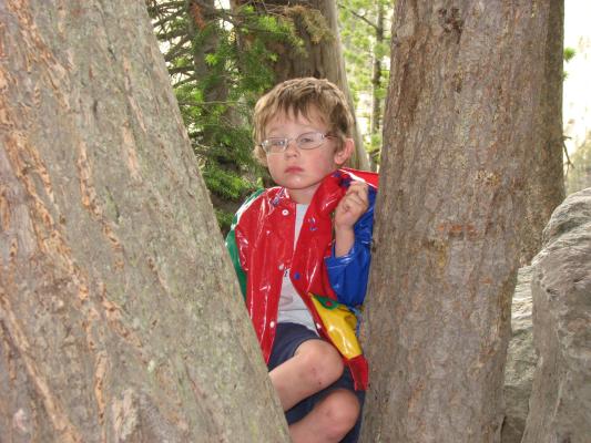 Noah in raincoat in trees