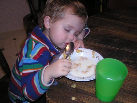 Noah fell asleep eating breakfast for supper.