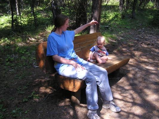 We taking a break on a bench on the way to Garnet ghost town.