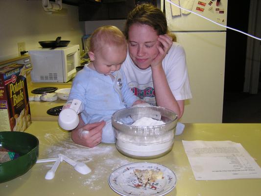 Noah and Mommy decide to bake some bread.