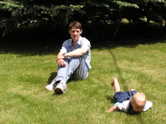 Noah and David on the lawn.