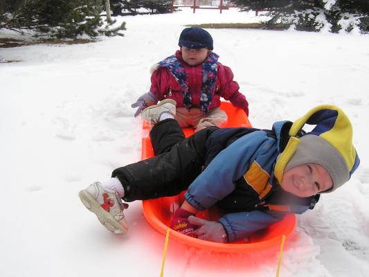 Sarah and Noah in the sled.