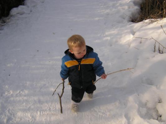 Noah goes for a hike with his sticks.