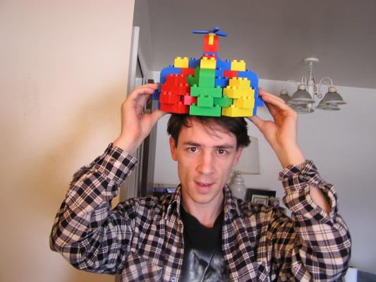 David trys the Lego crown on his head.