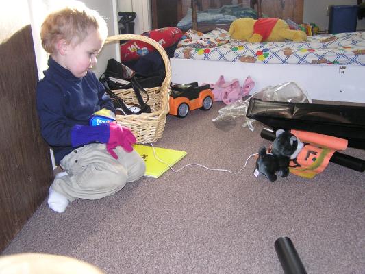 Noah plays with the dog.