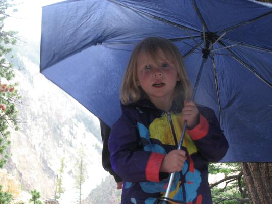 Sarah has the umbrella