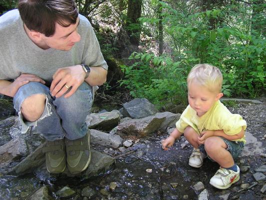 David and Noah throw rocks into the stream.