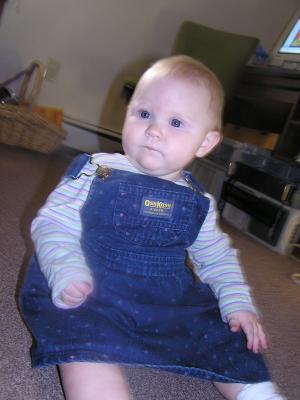 Sarah in her jean overalls dress.