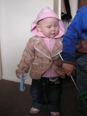 Sarah in her Poo Bear clothes.