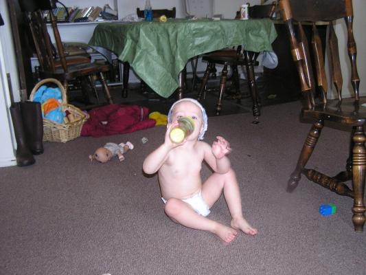 Noah wears a diaper on his head.