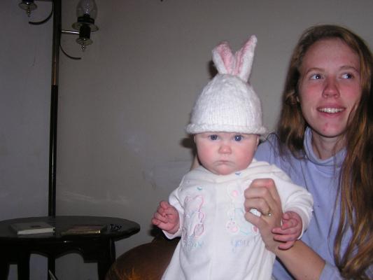 Sarah has bunny ears.